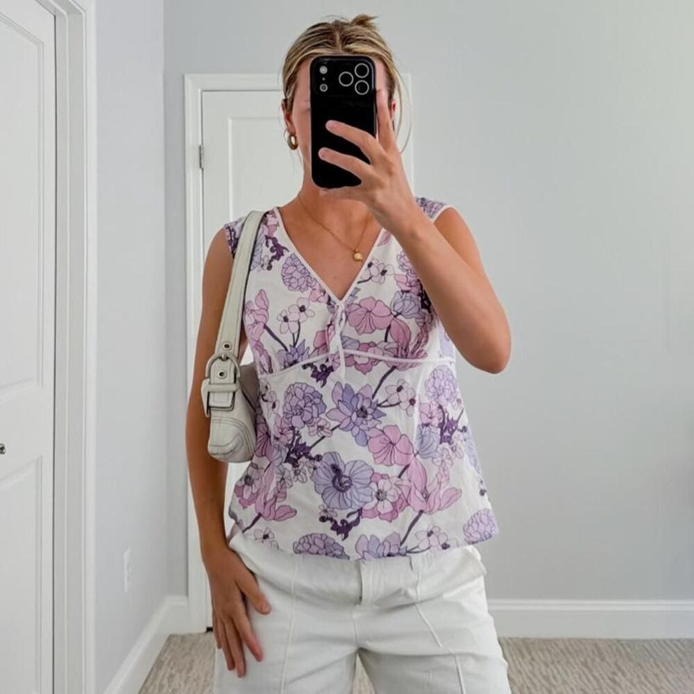 90s cotton floral wrap top with cap sleeves bow purple floral